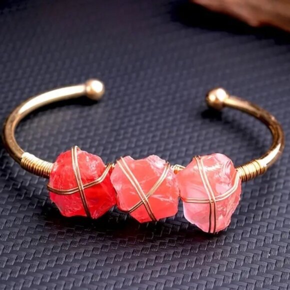 Jewelry - Watermelon Red Gemstone Crystal Healing Wire Wrapped Cuff Bangle Bracelet